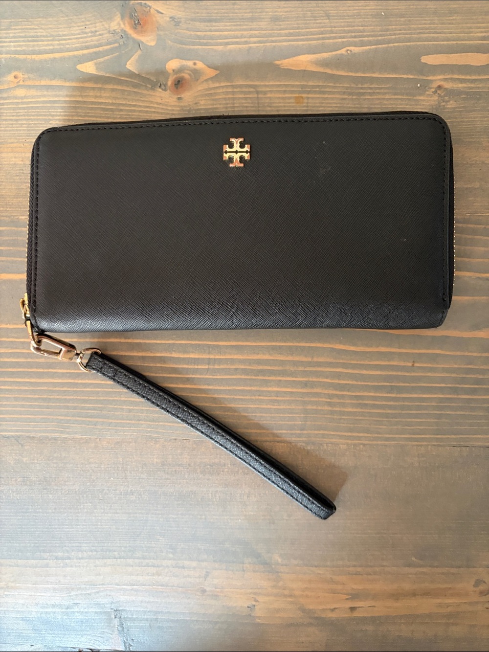 Tory Burch Black Leather Zip-Around Wristlet Wallet with Gold Logo